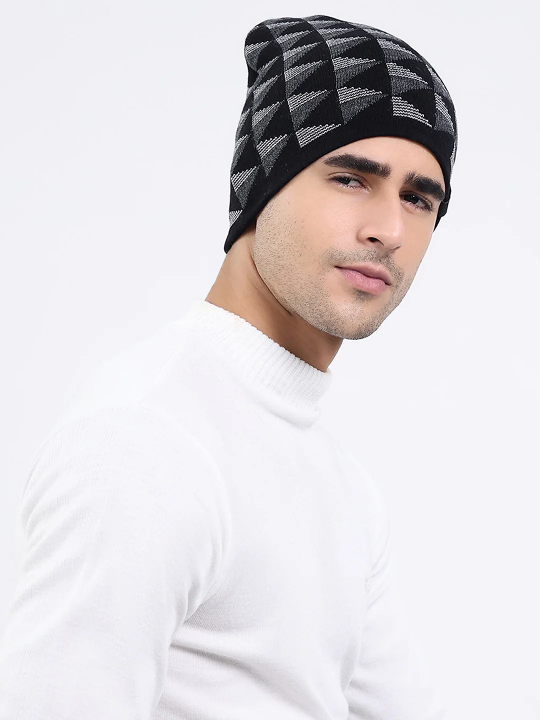 Men Black Self Design Blend Wool Cap - Image 4