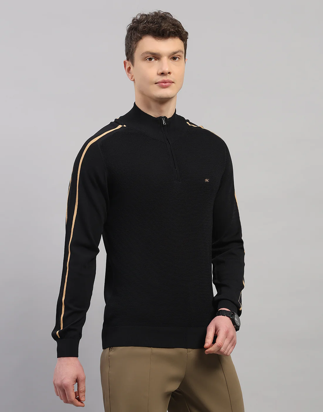 Men Black Self Design Collar Full Sleeve Winter T-Shirt - Image 3