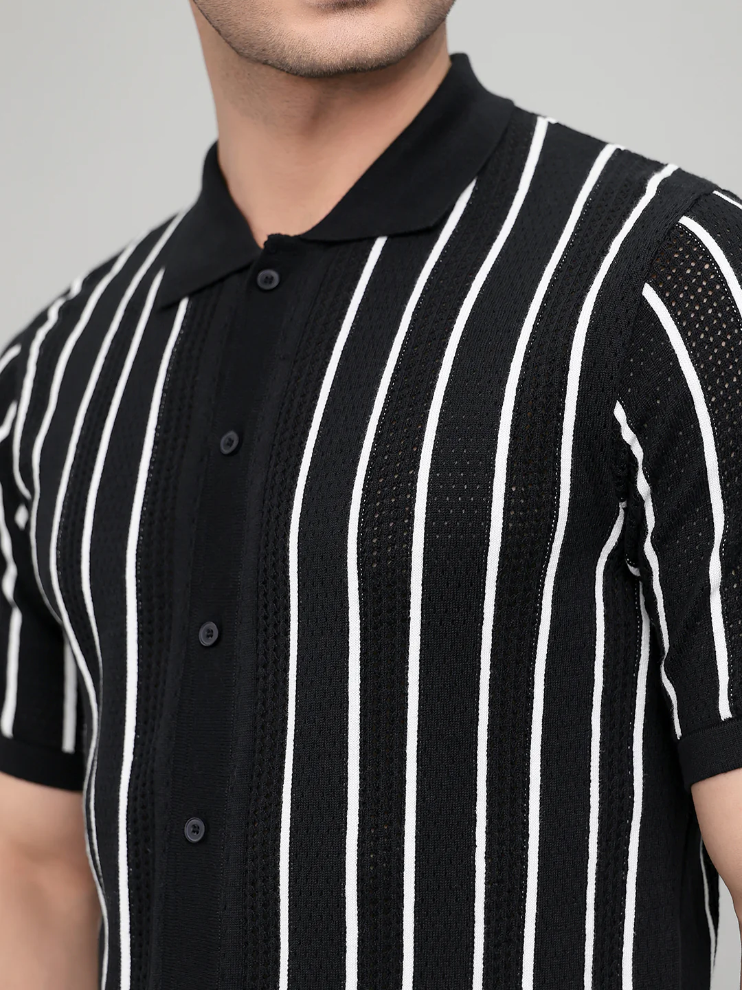 Men Black Self Design Collar Half Sleeve Shirt - Image 4