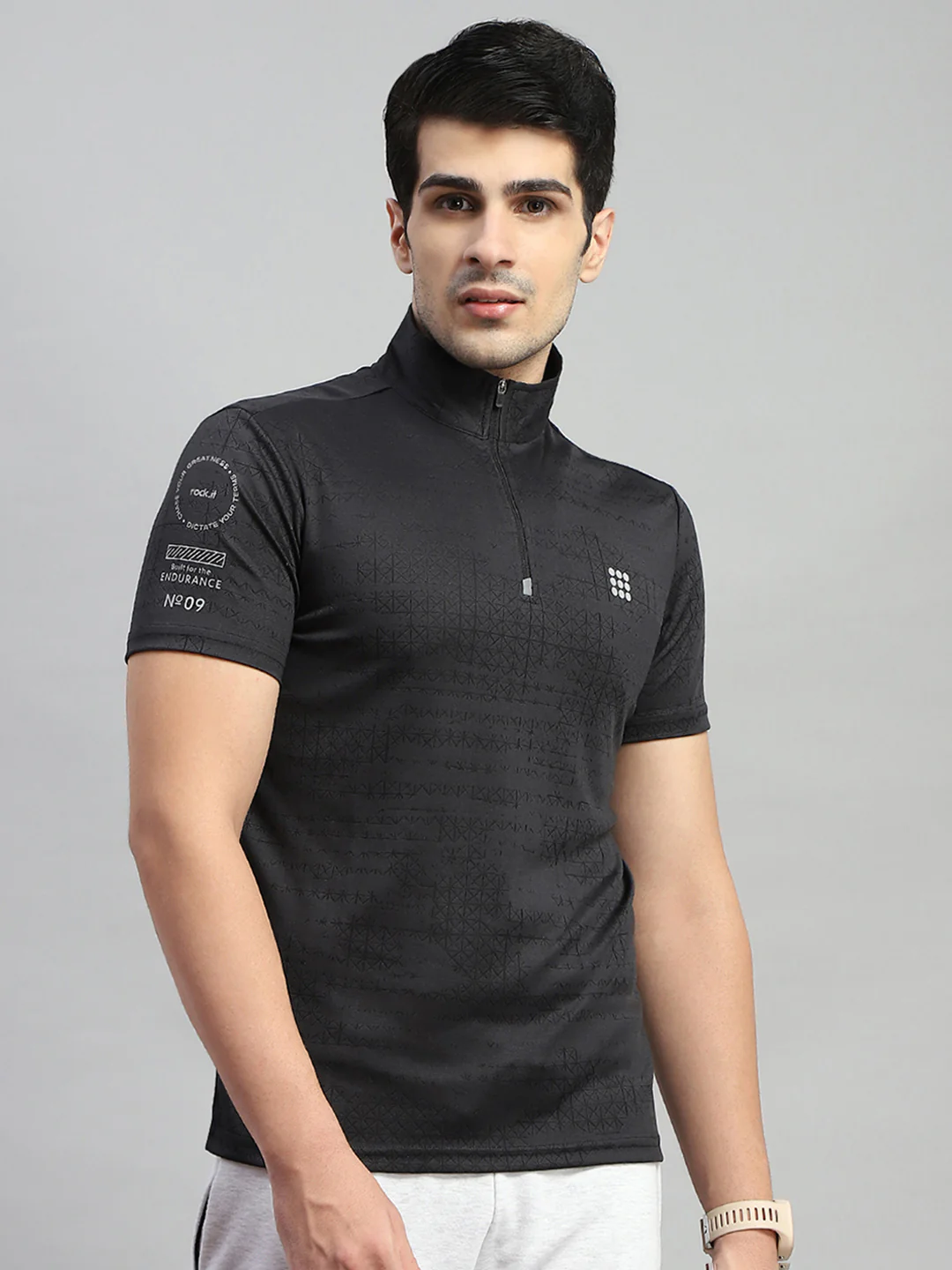 Rock.it Men Black Self Design Collar Half Sleeve T-Shirt - Image 4