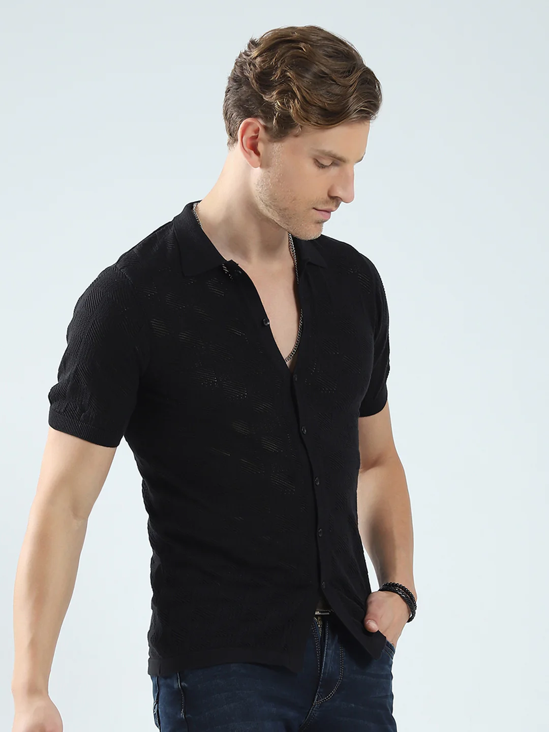 Men Black Self Design Collar Half Sleeve T-Shirt - Image 4