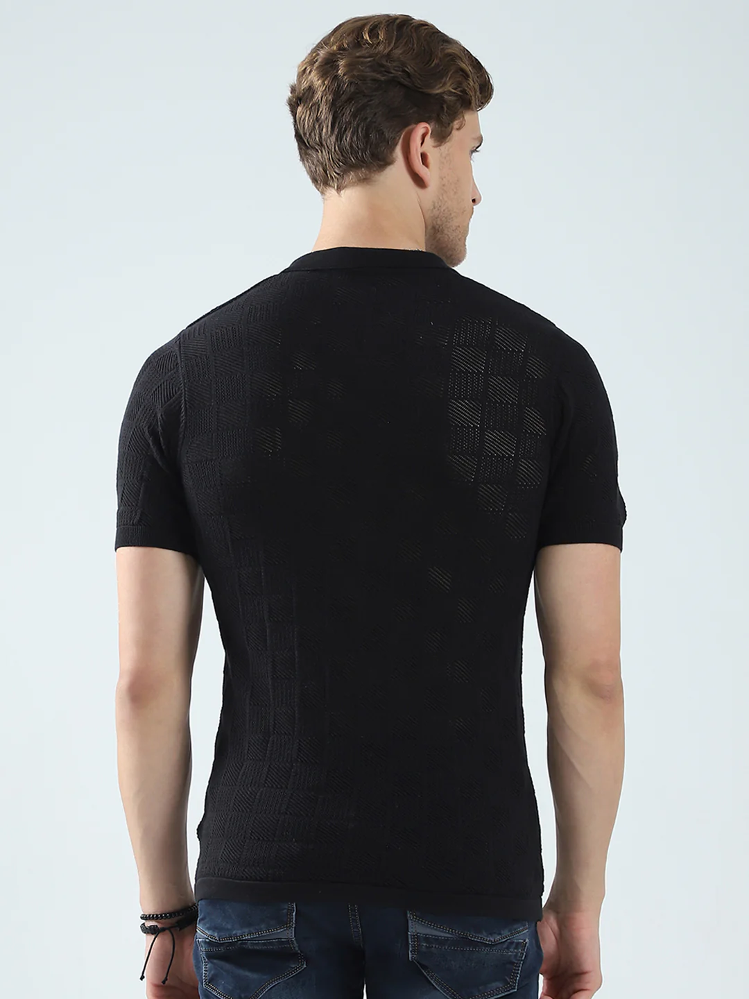 Men Black Self Design Collar Half Sleeve T-Shirt - Image 5