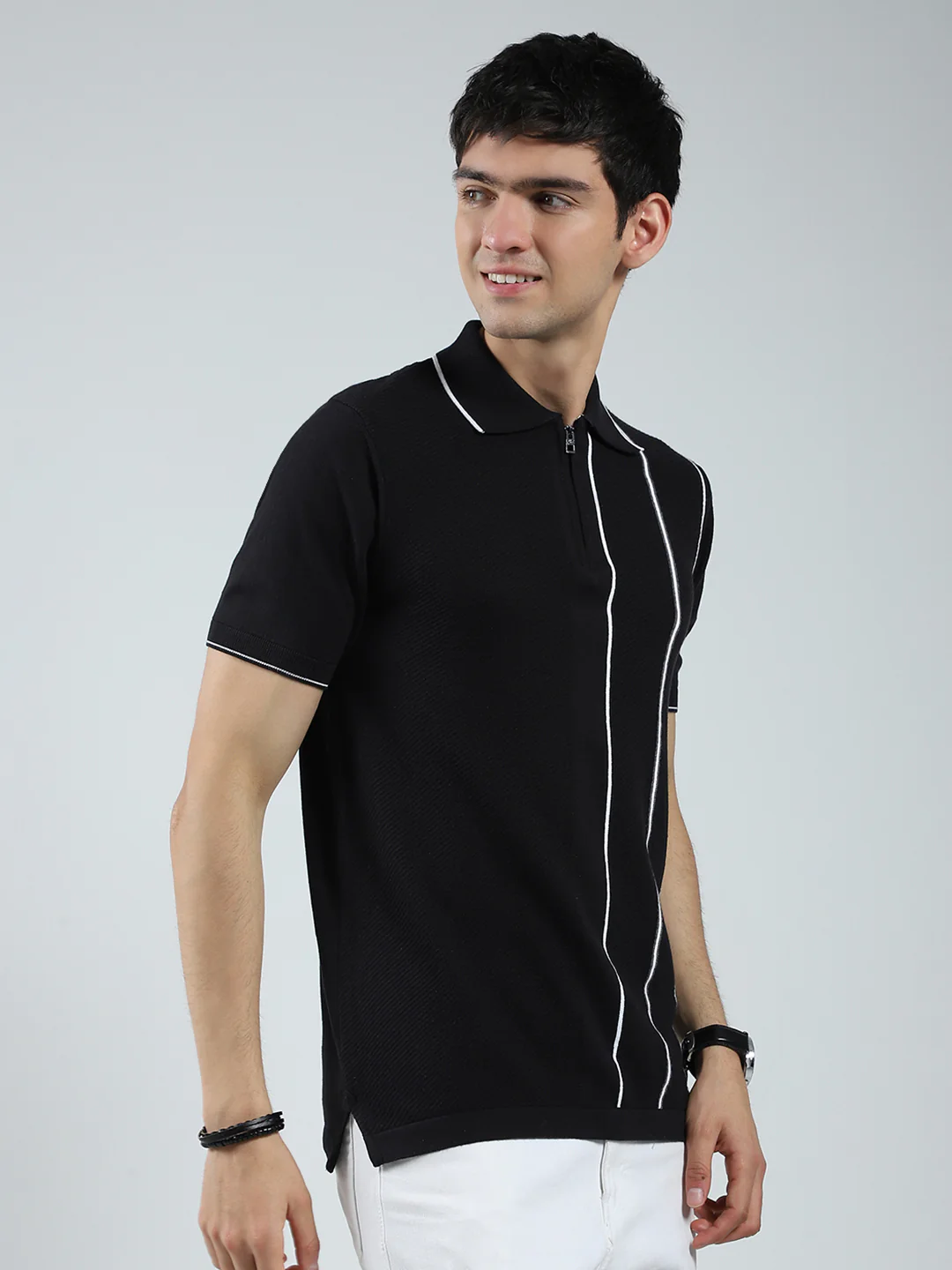 Men Black Self Design Collar Half Sleeve T-Shirt - Image 4