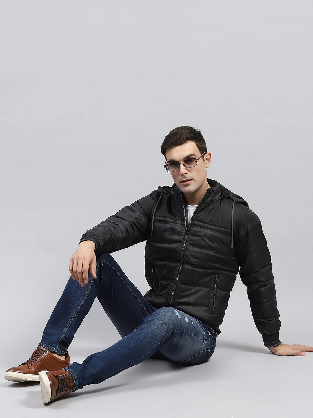 Men Black Self Design Detachable Hood Full Sleeve Jacket - Image 2