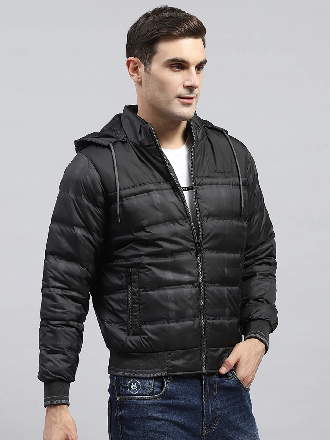 Men Black Self Design Detachable Hood Full Sleeve Jacket - Image 4