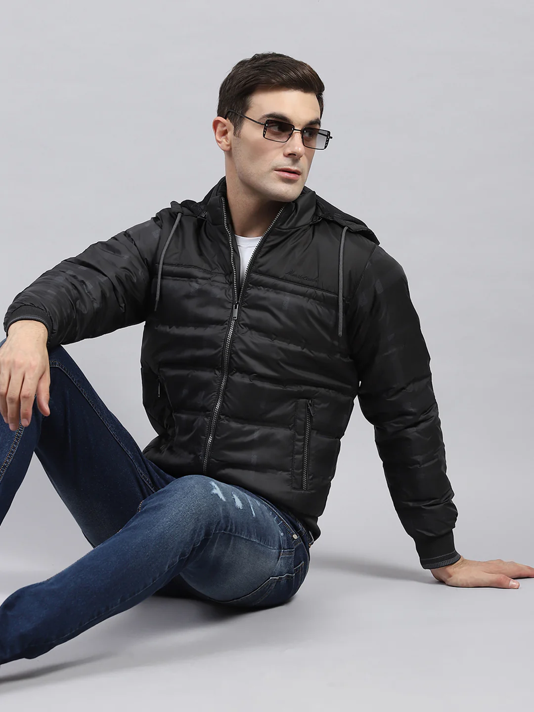 Men Black Self Design Detachable Hood Full Sleeve Jacket - Image 6