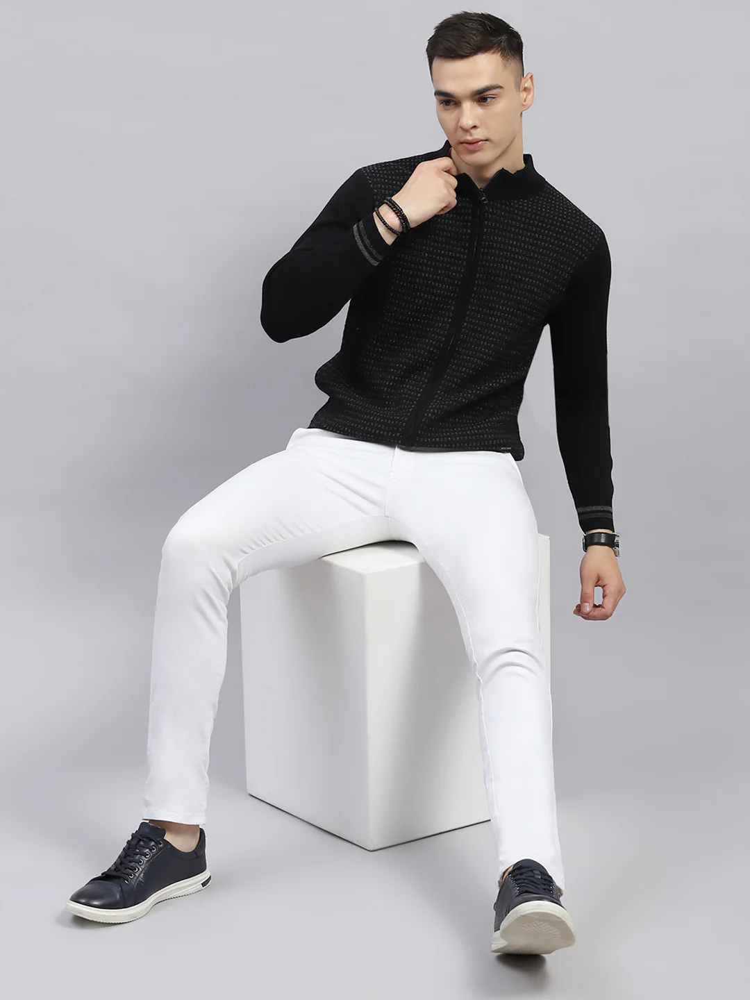 Men Black Self Design High Neck Full Sleeve Pullover - Image 2