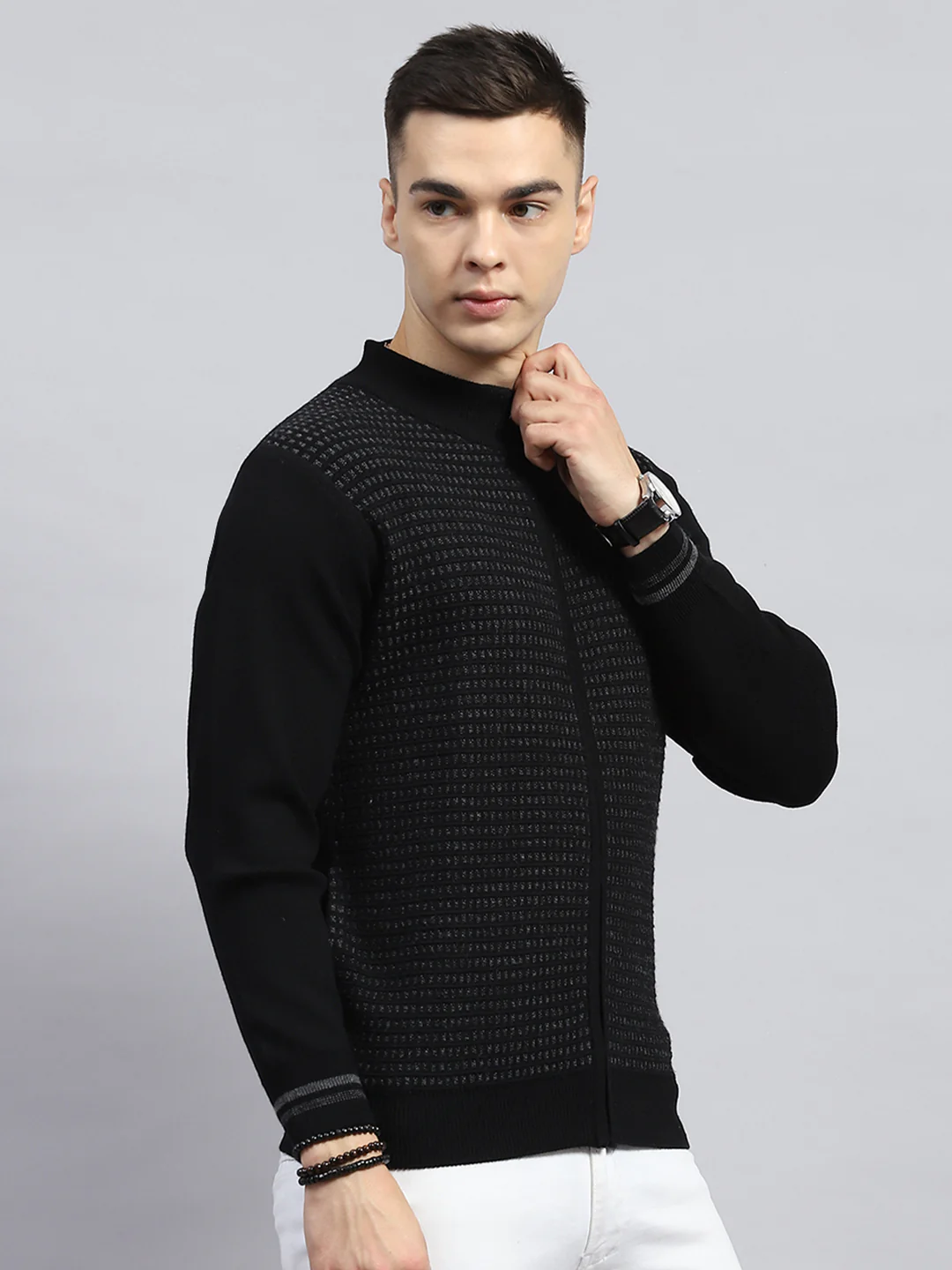 Men Black Self Design High Neck Full Sleeve Pullover - Image 4