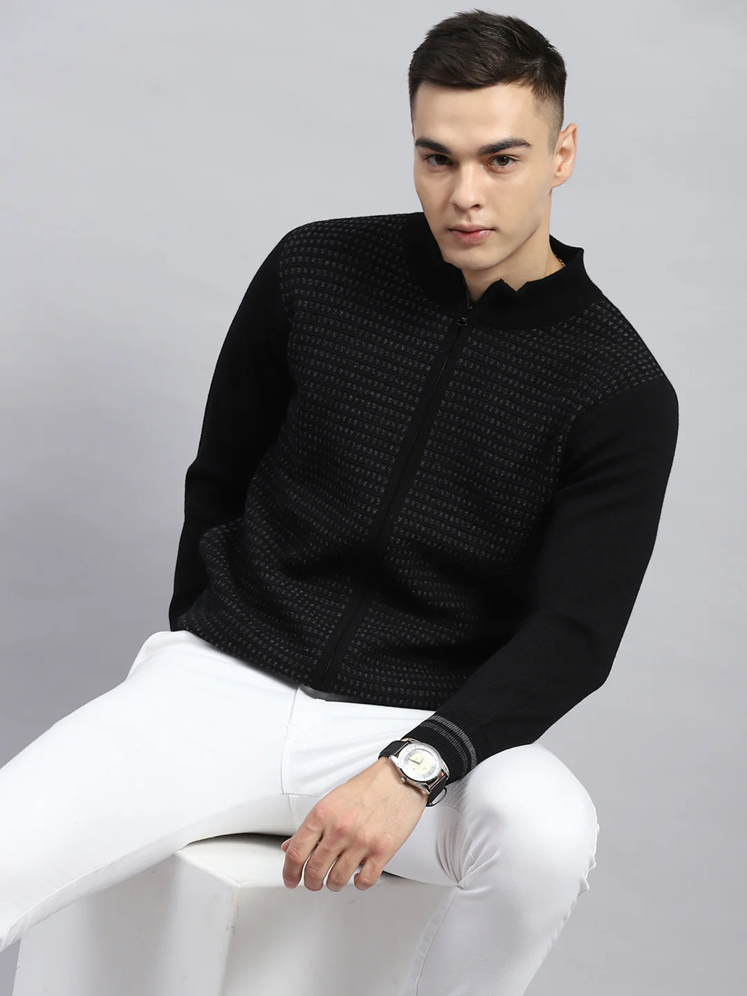 Men Black Self Design High Neck Full Sleeve Pullover - Image 6