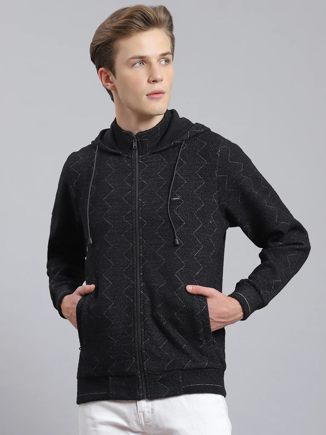 Men Black Self Design Hooded Full Sleeve Sweatshirt - Image 5