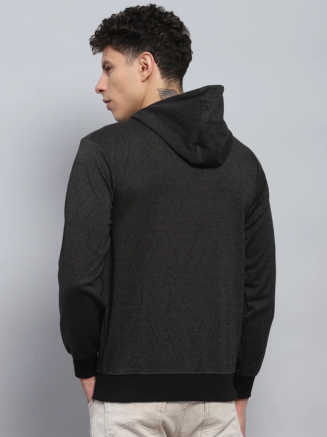 Men Black Self Design Hooded Full Sleeve Winter T-Shirt - Image 5