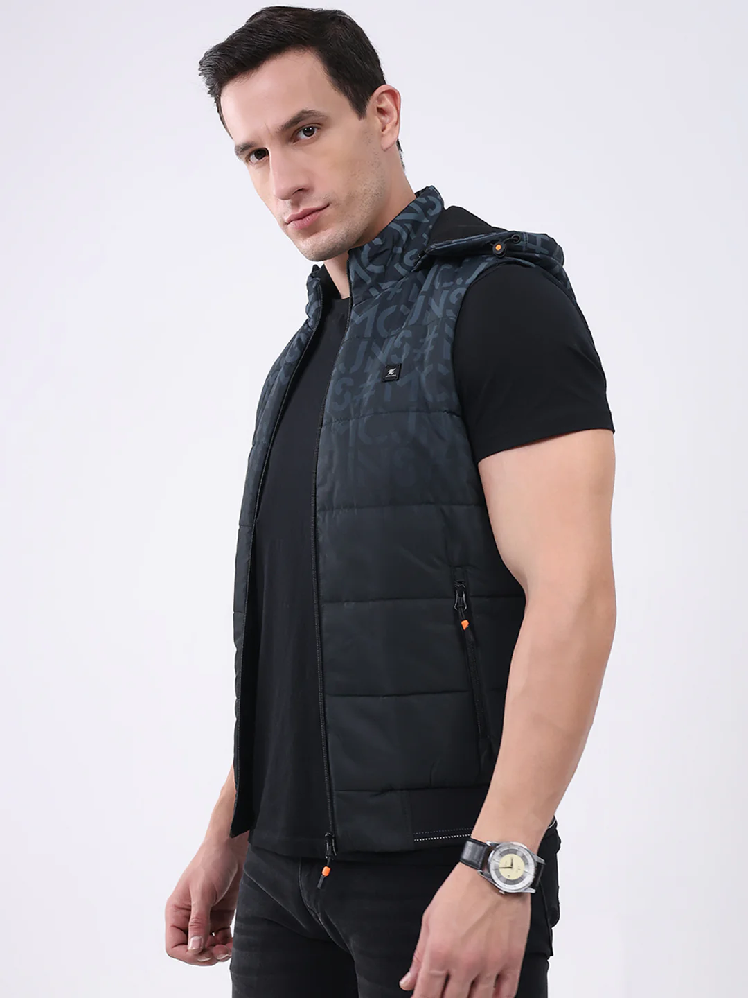 Men Black Self Design Hooded Sleeveless Jacket - Image 3