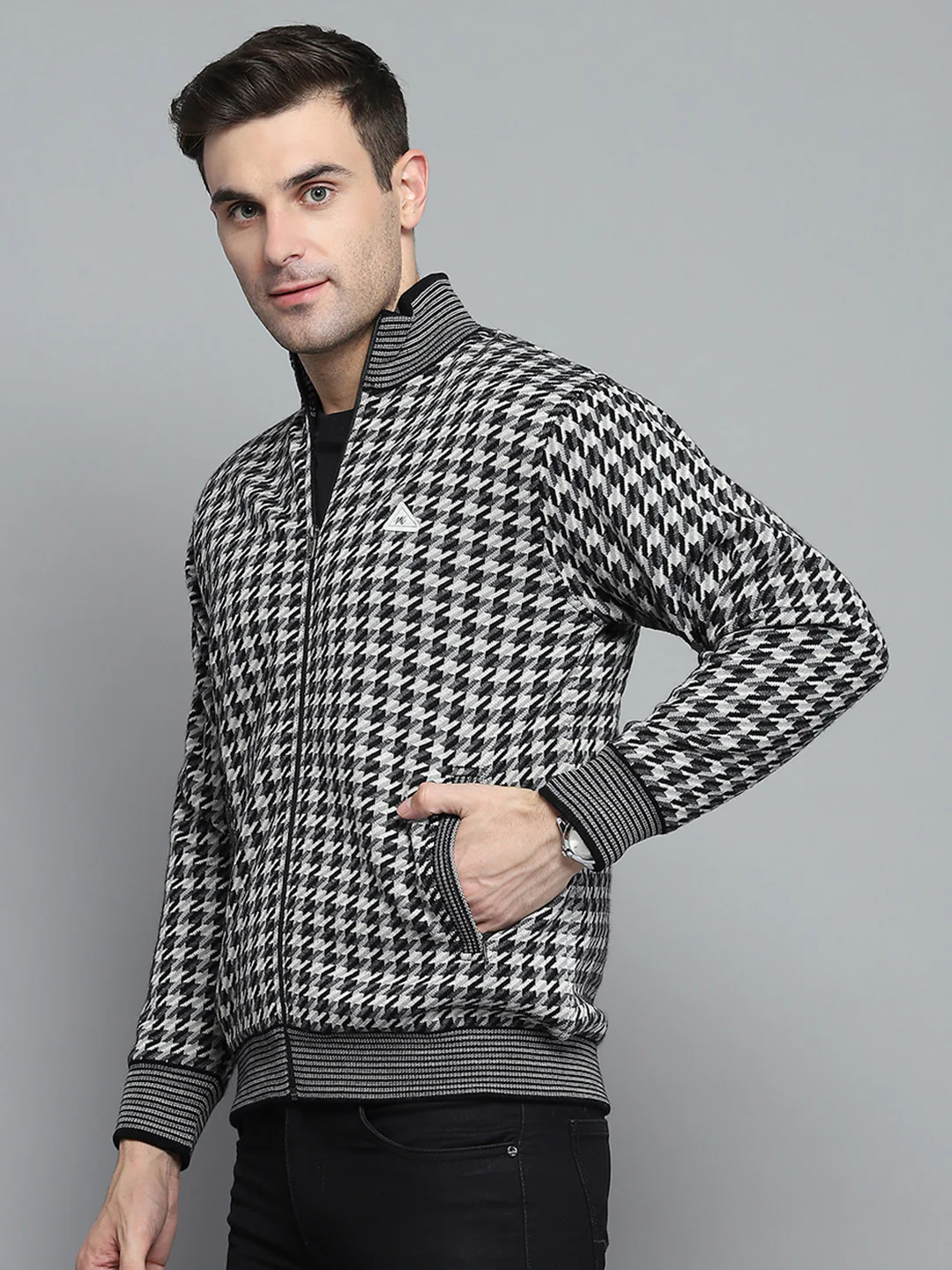 Men Black Self Design Mock Neck Full Sleeve Jacket - Image 2