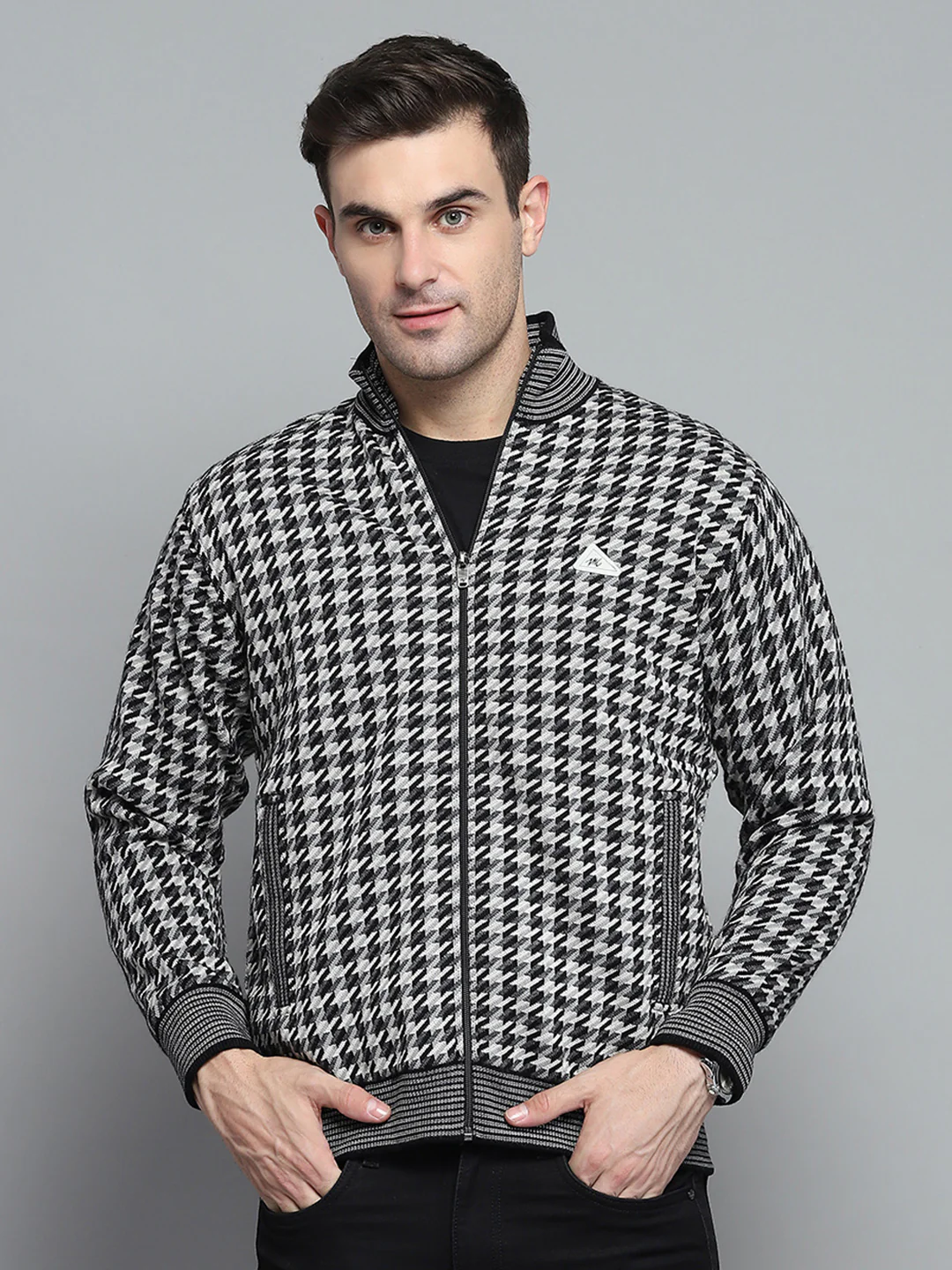 Men Black Self Design Mock Neck Full Sleeve Jacket - Image 3