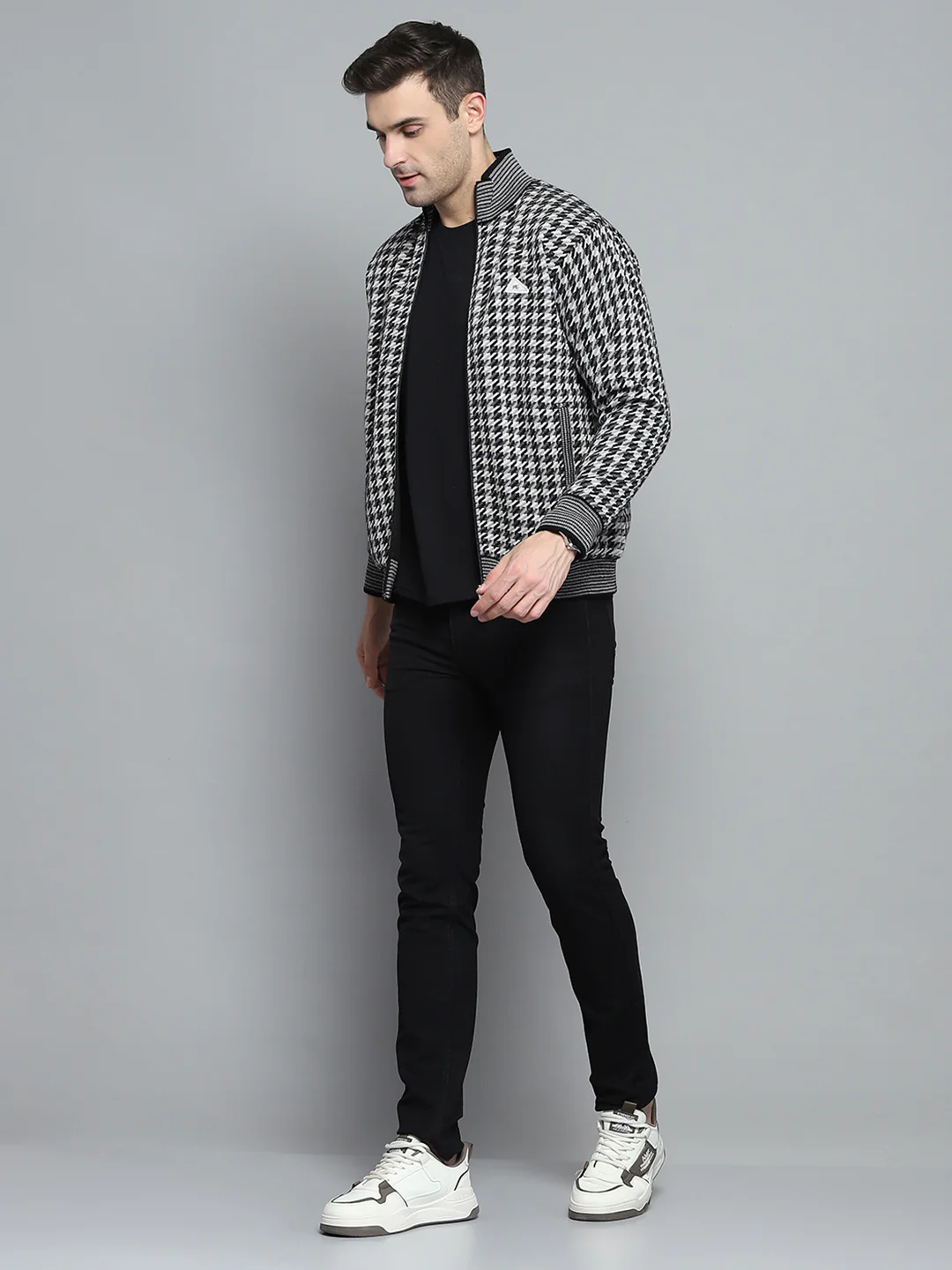 Men Black Self Design Mock Neck Full Sleeve Jacket - Image 4