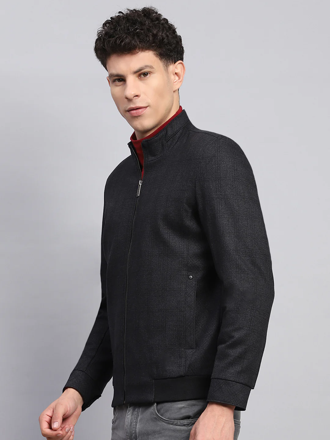 Men Black Self Design Mock Neck Full Sleeve Jacket - Image 3