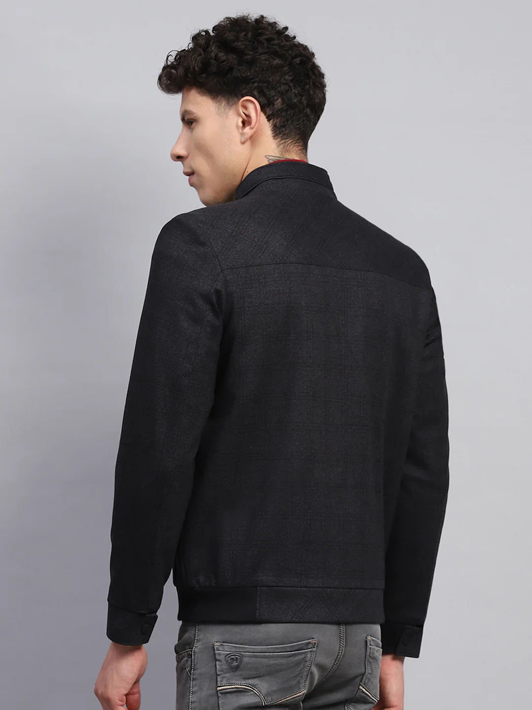 Men Black Self Design Mock Neck Full Sleeve Jacket - Image 5