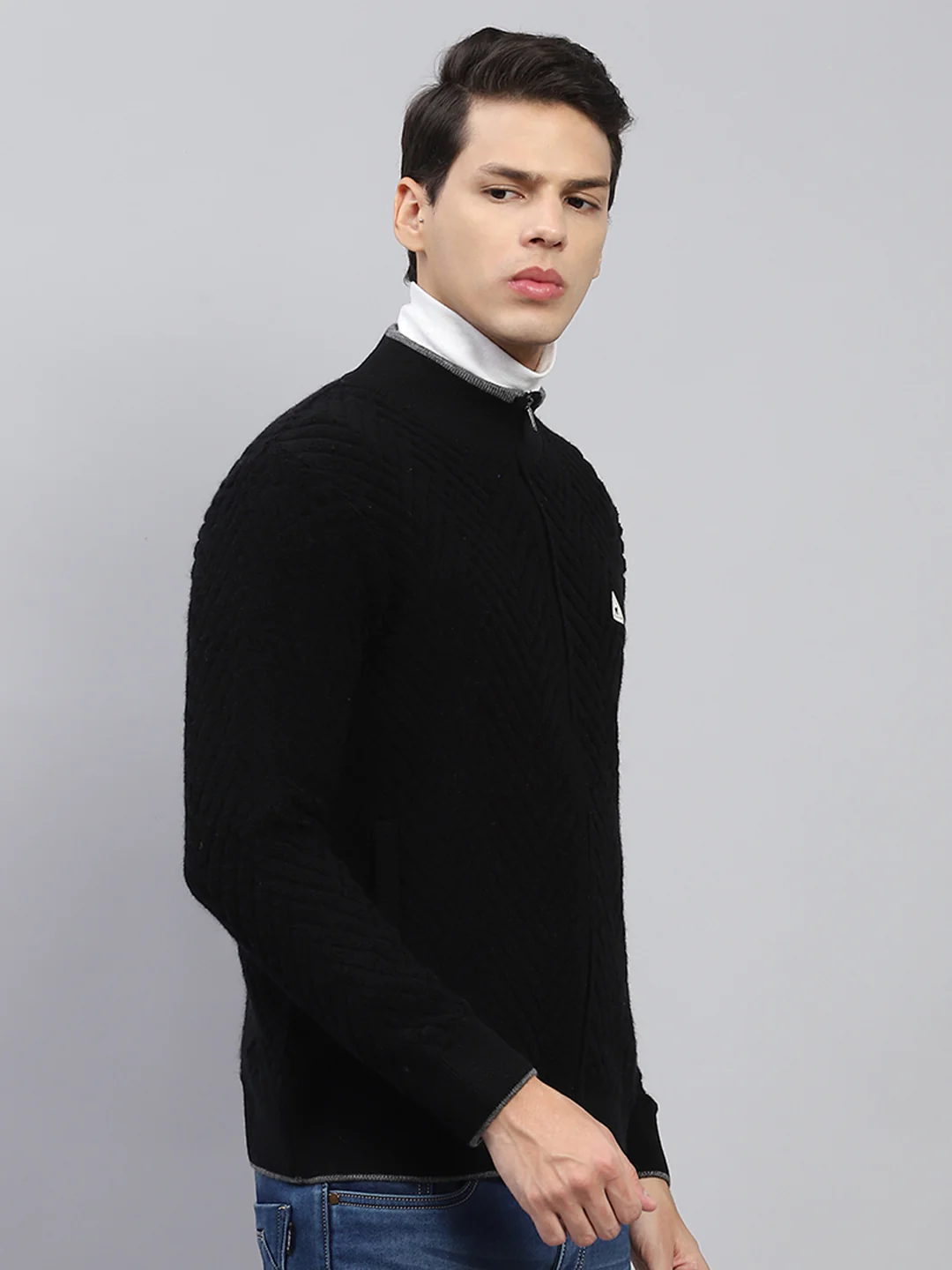 Men Black Self Design Mock Neck Full Sleeve Pullover - Image 4
