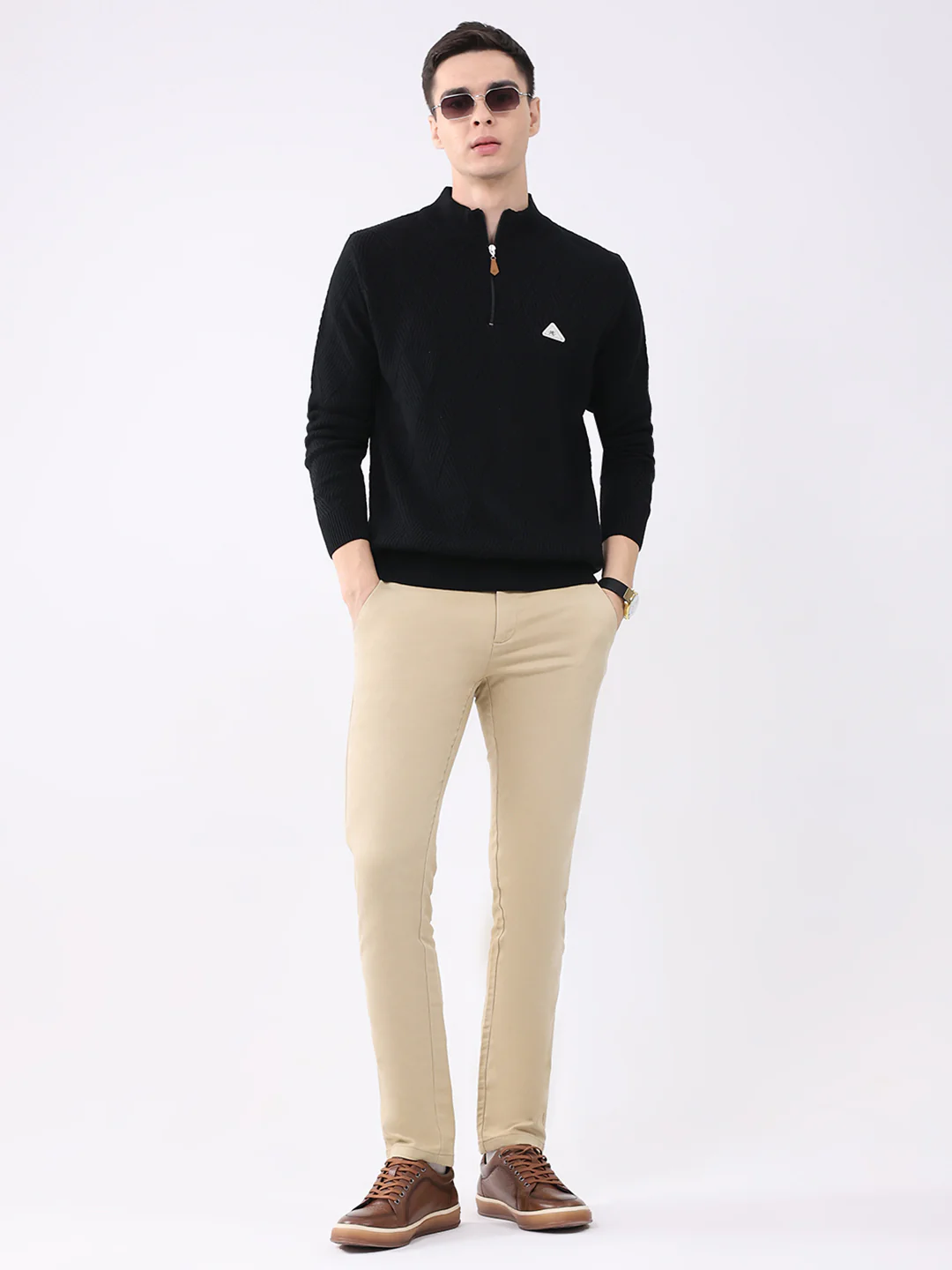 Men Black Self Design Mock Neck Full Sleeve Pullover - Image 2