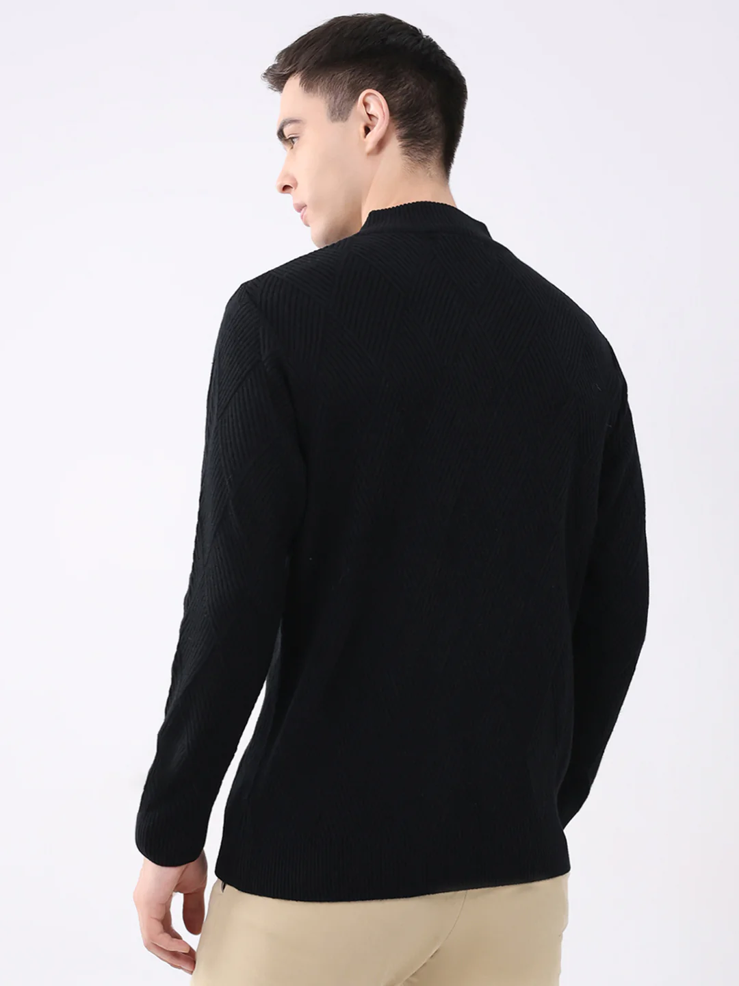 Men Black Self Design Mock Neck Full Sleeve Pullover - Image 5