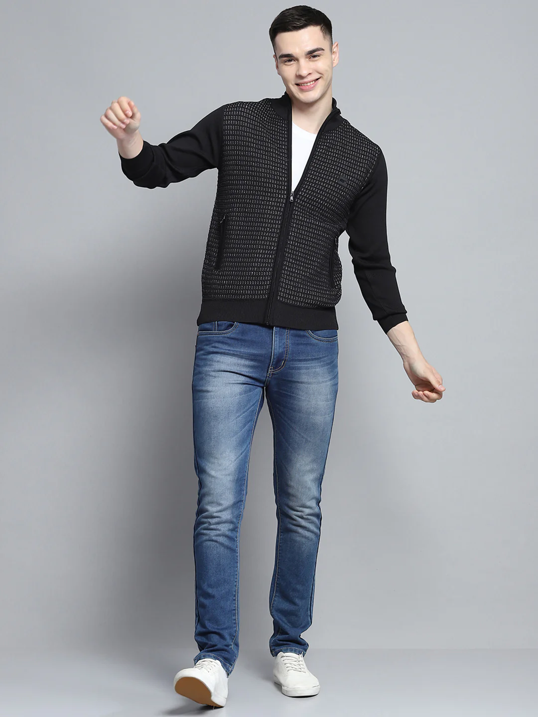 Men Black Self Design Mock Neck Full Sleeve Pullover - Image 2