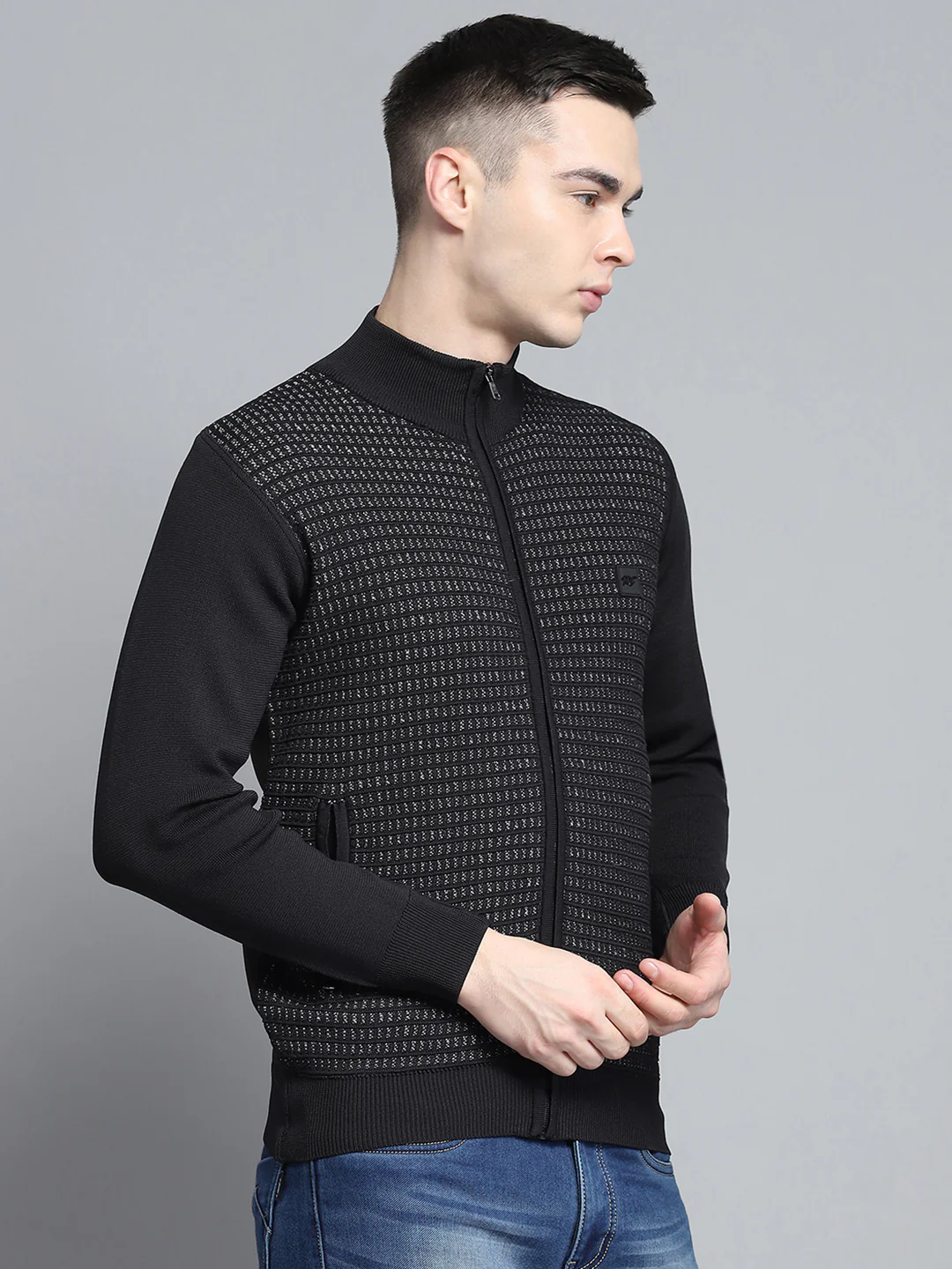 Men Black Self Design Mock Neck Full Sleeve Pullover - Image 4