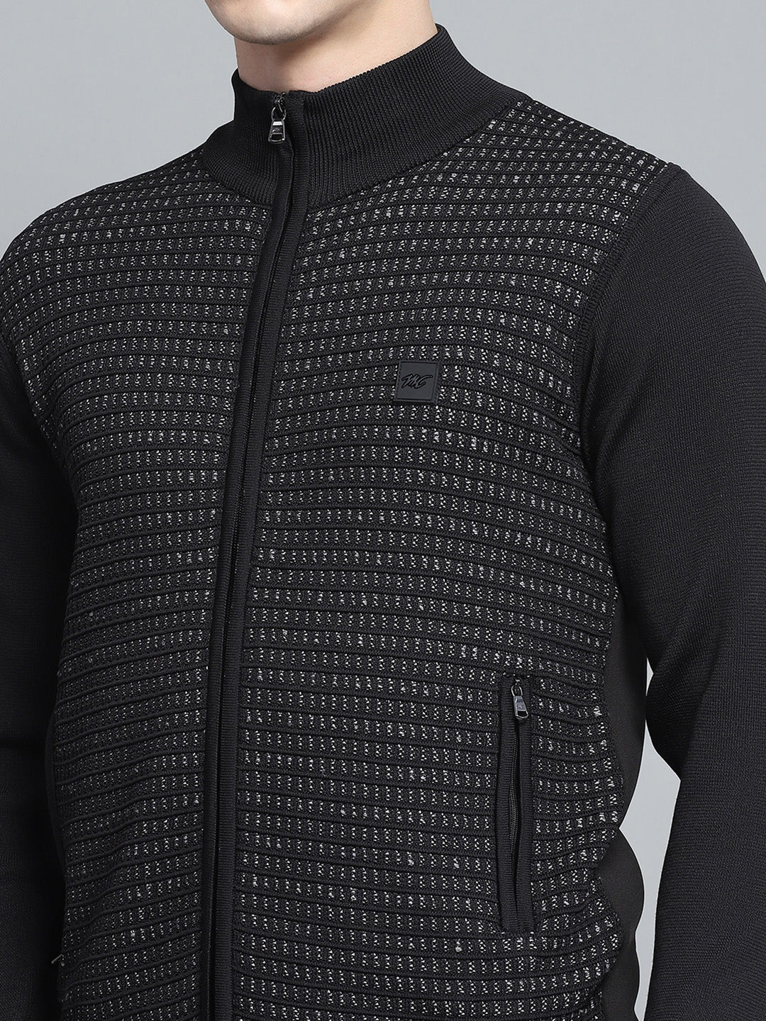 Men Black Self Design Mock Neck Full Sleeve Pullover - Image 6
