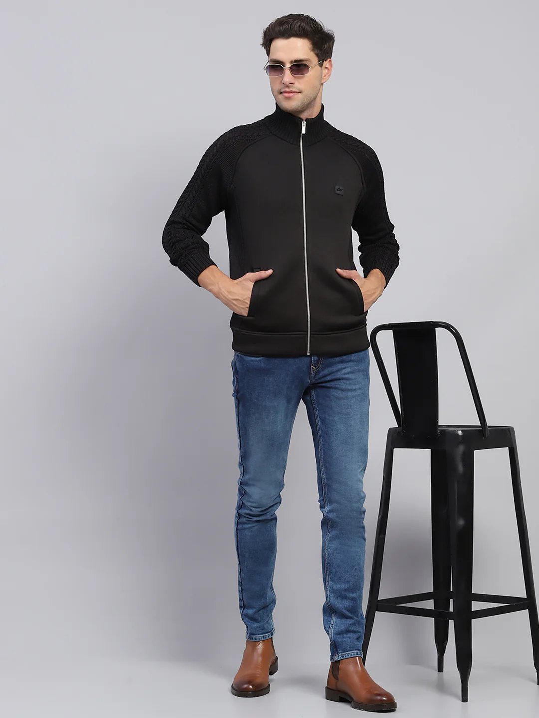 Men Black Self Design Mock Neck Full Sleeve Pullover - Image 2