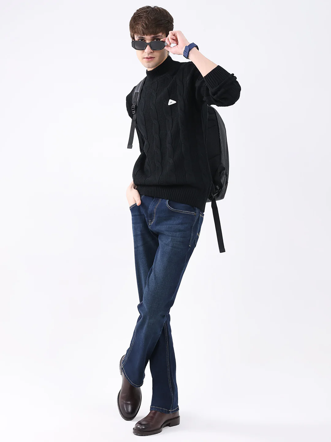 Men Black Self Design Mock Neck Full Sleeve Pullover - Image 2