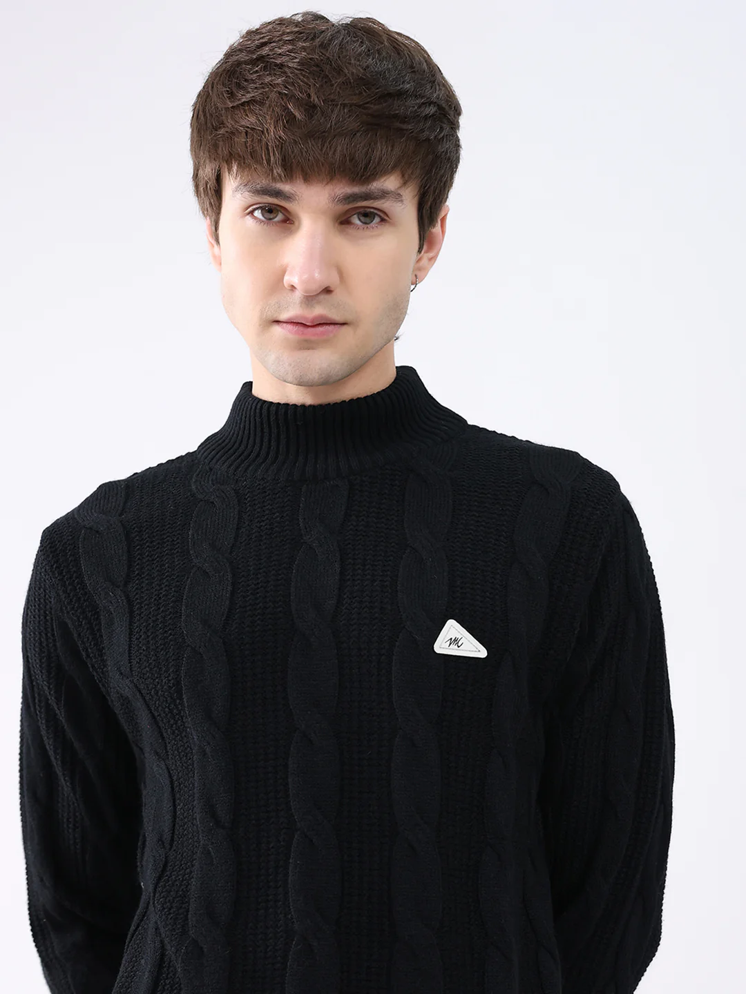 Men Black Self Design Mock Neck Full Sleeve Pullover - Image 6