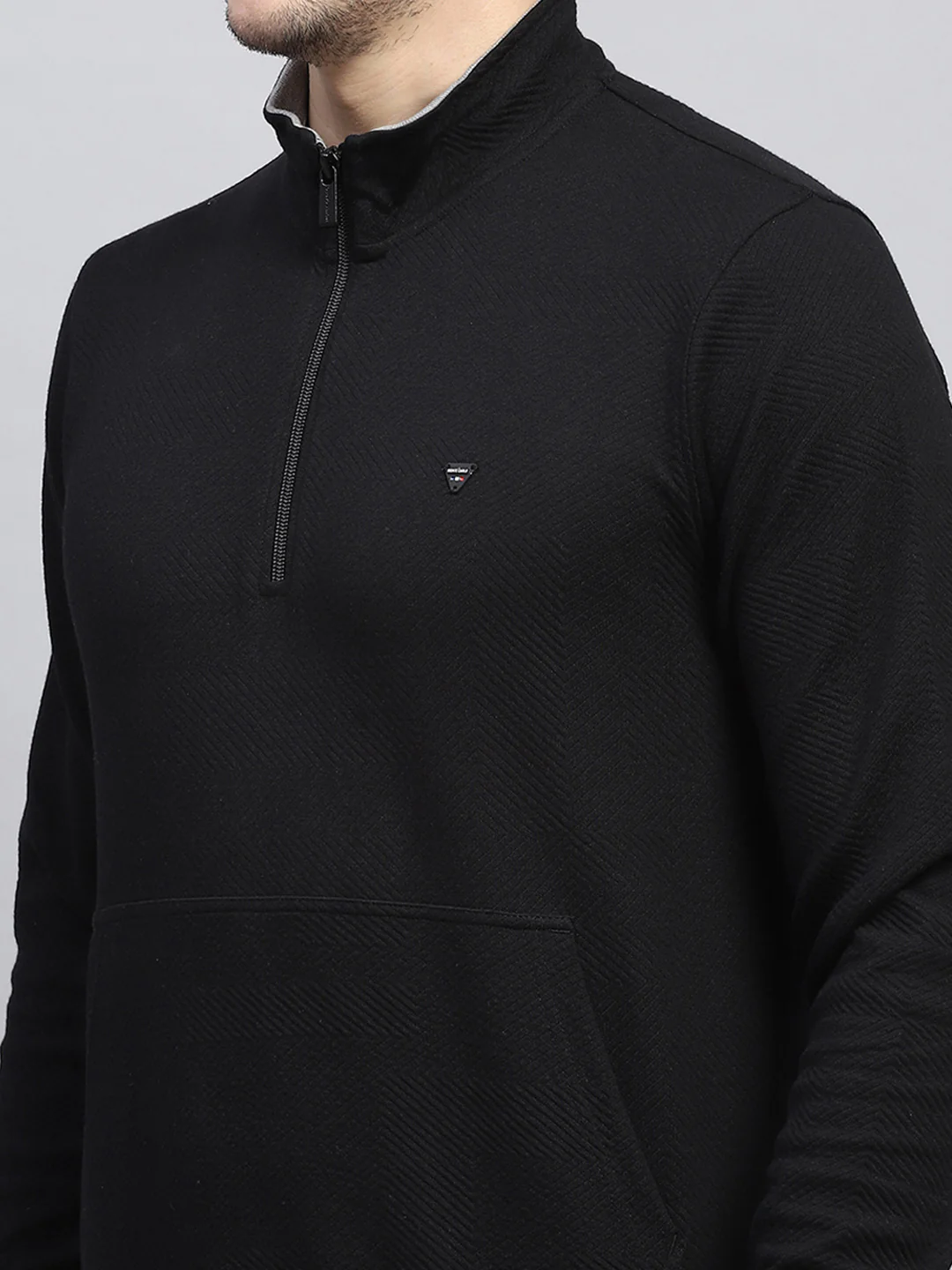 Men Black Self Design Mock Neck Full Sleeve Winter T-Shirt - Image 6