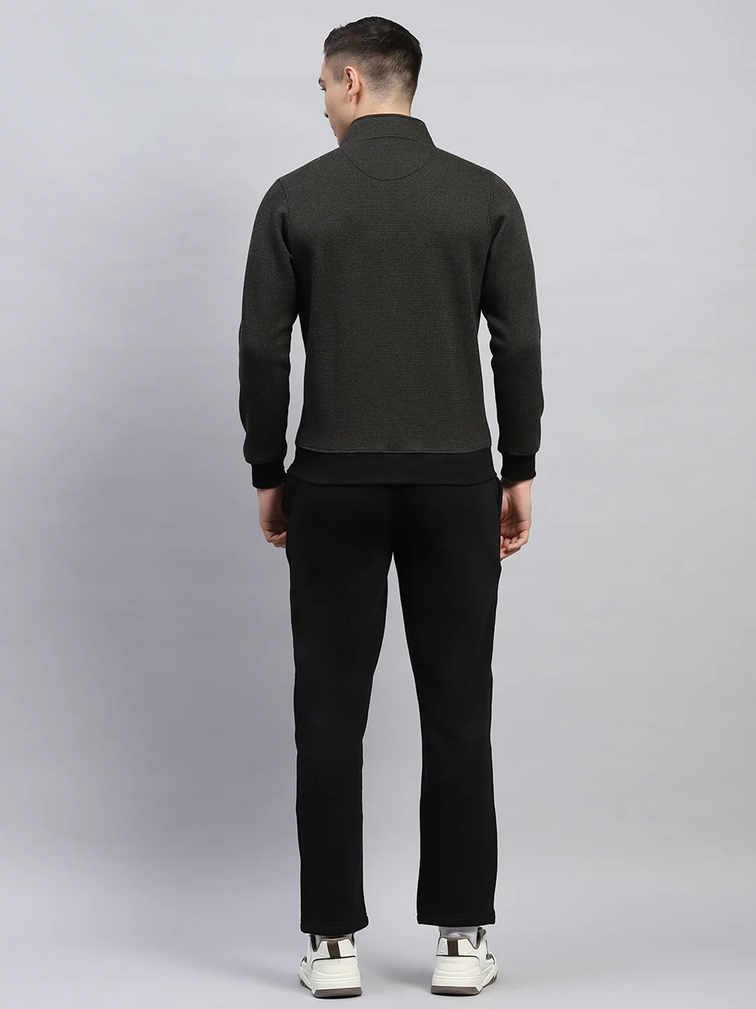 Men Black Self Design Mock Neck Full Sleeve Winter Tracksuit - Image 5