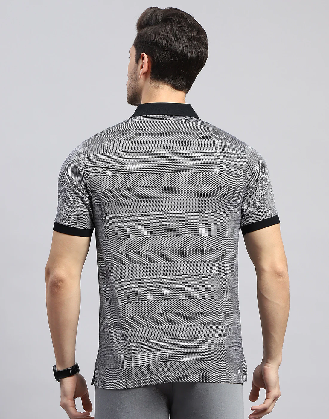 Men Black Self Design Polo Collar Half Sleeve T-Shirt - Image 5