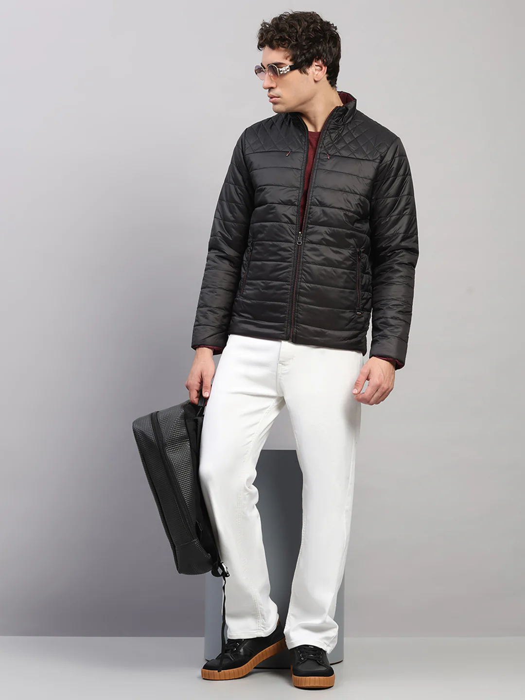 Men Black Self Design Round Neck Full Sleeve Jacket - Image 2
