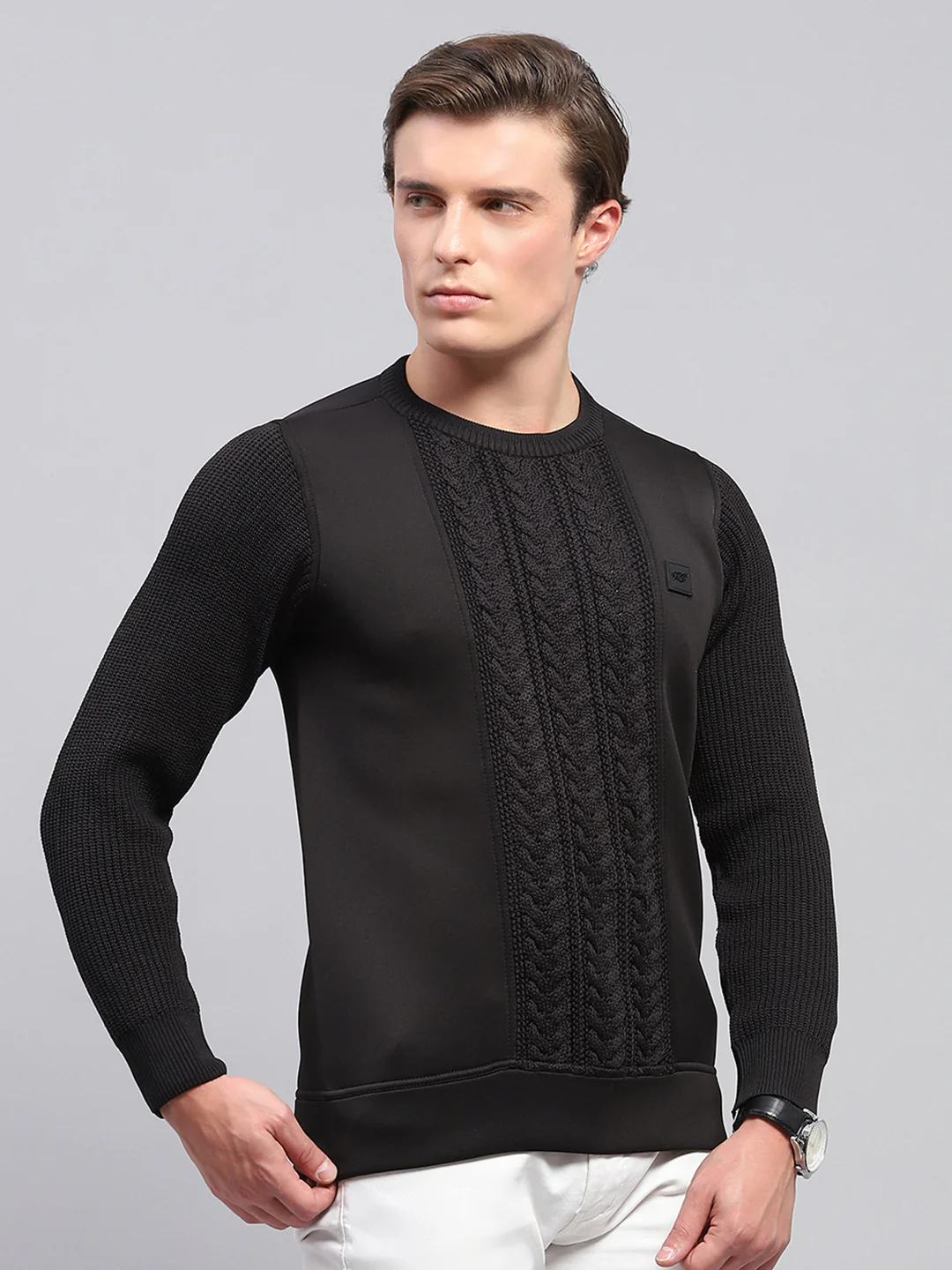 Men Black Self Design Round Neck Full Sleeve Pullover - Image 4