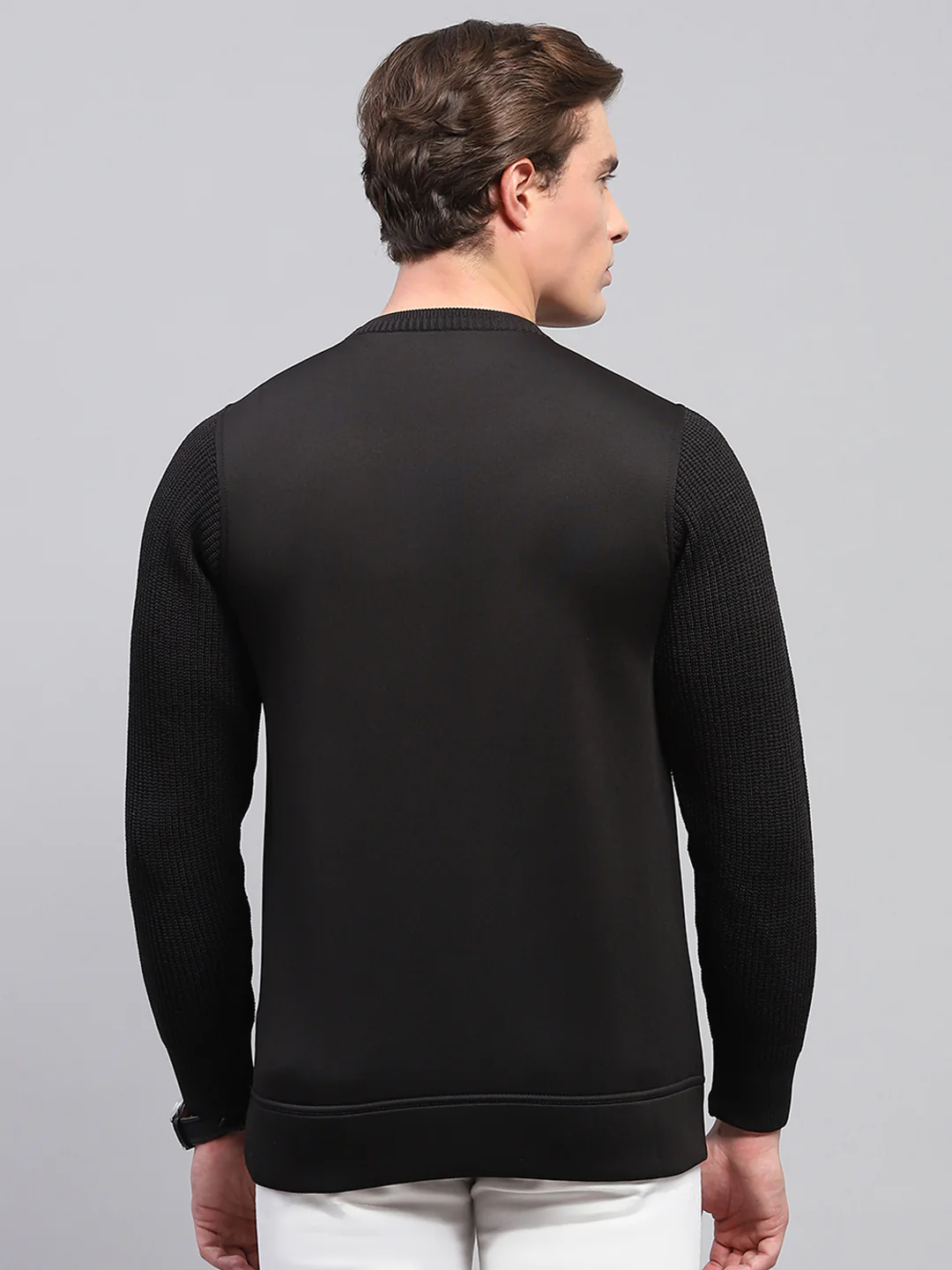 Men Black Self Design Round Neck Full Sleeve Pullover - Image 5