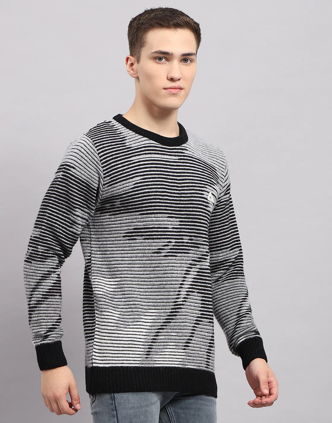 Men Black Self Design Round Neck Full Sleeve Pullover - Image 4