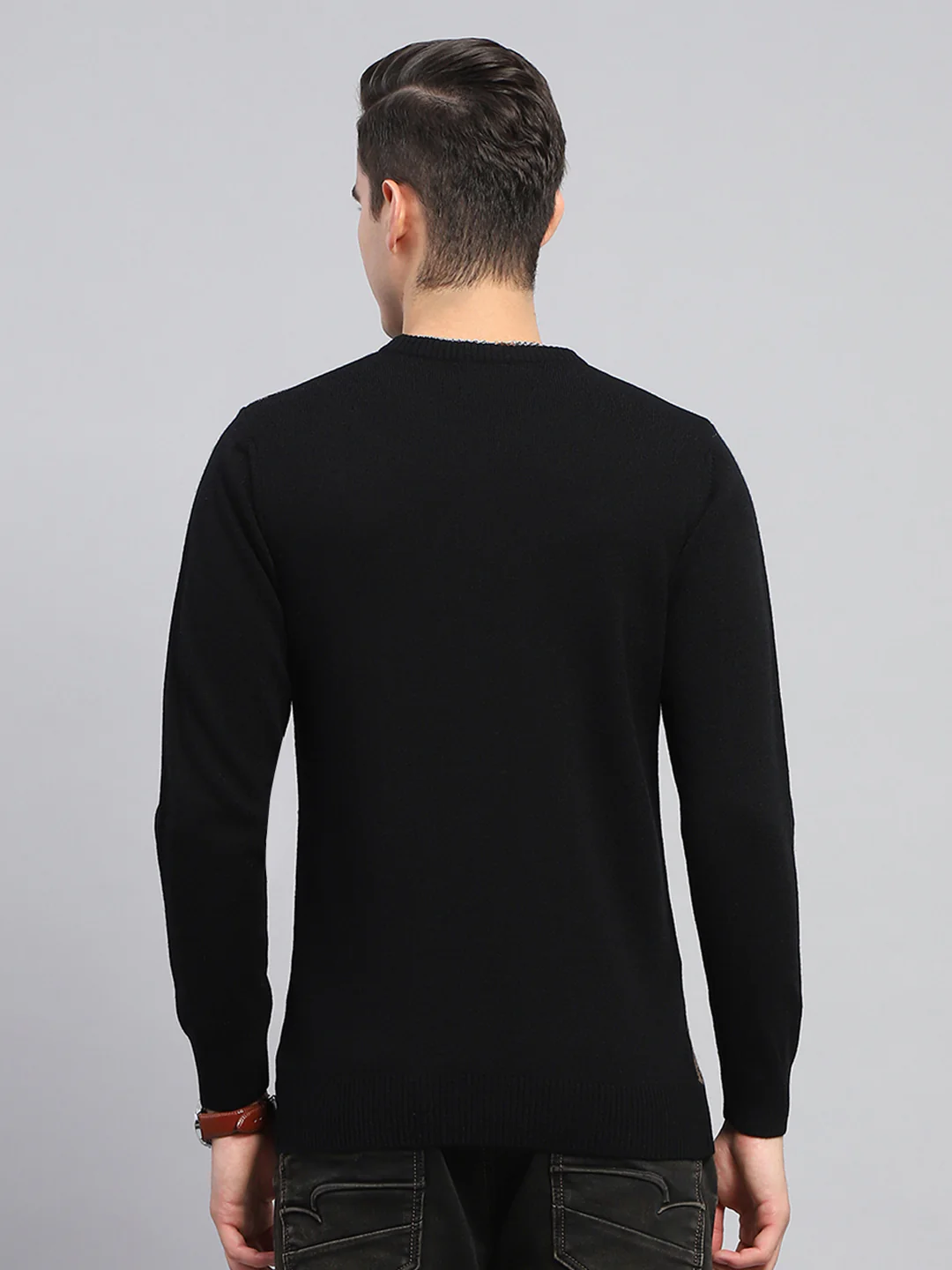 Men Black Self Design Round Neck Full Sleeve Pullover - Image 5