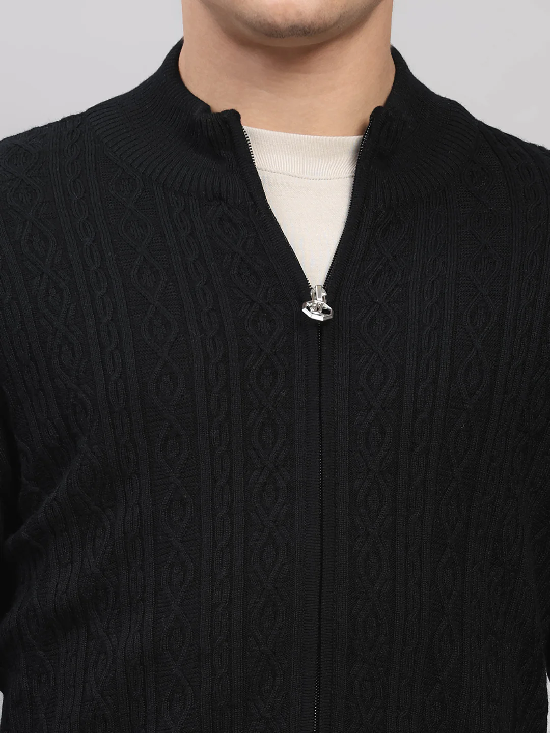 Luxuria Men Black Self Design Round Neck Full Sleeve Pullover - Image 7