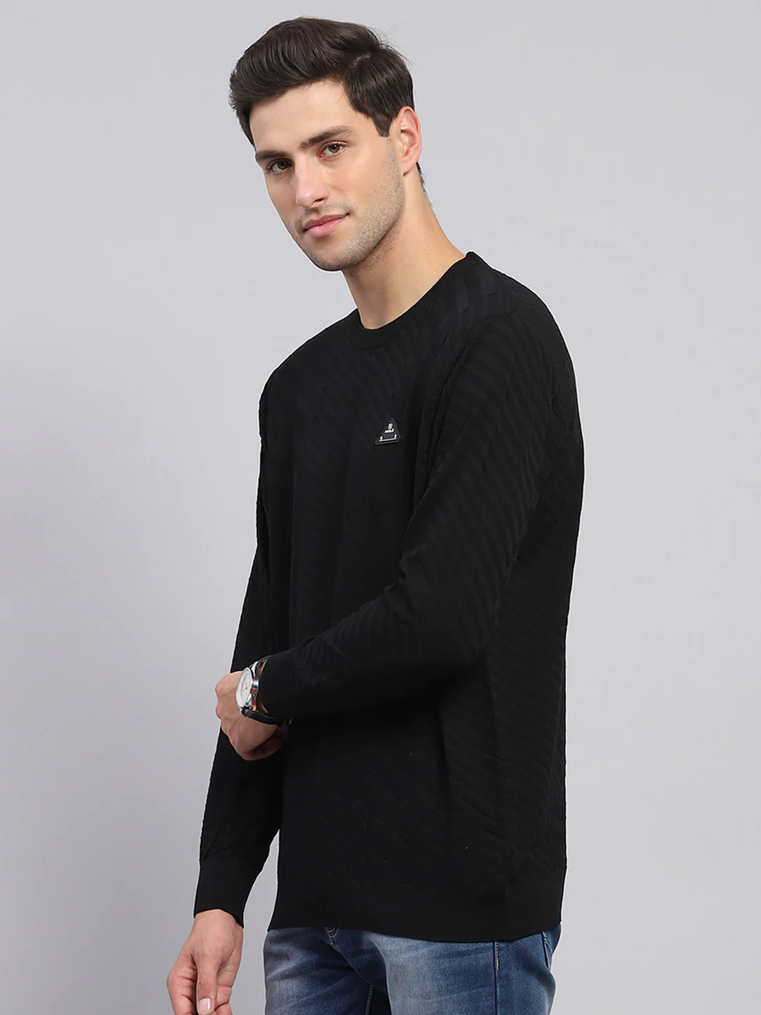 Rock.it Men Black Self Design Round Neck Full Sleeve Pullover - Image 3