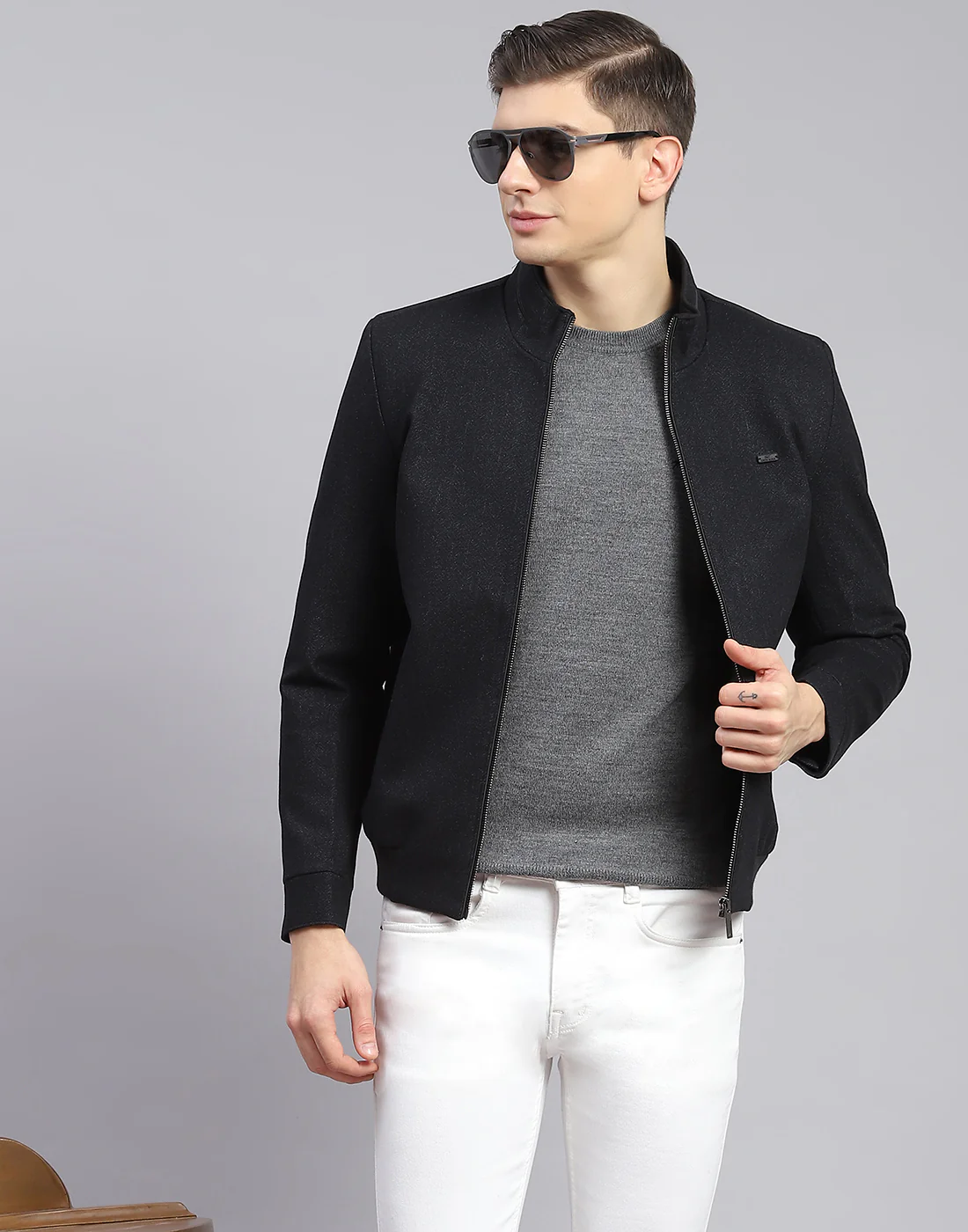 Men Black Self Design Stand Collar Full Sleeve Jacket - Image 2