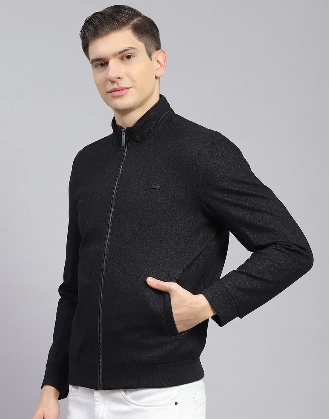 Men Black Self Design Stand Collar Full Sleeve Jacket - Image 4