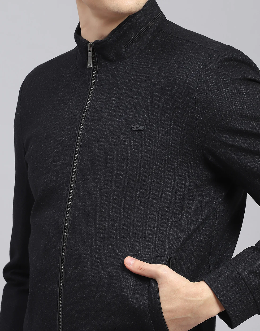 Men Black Self Design Stand Collar Full Sleeve Jacket - Image 8