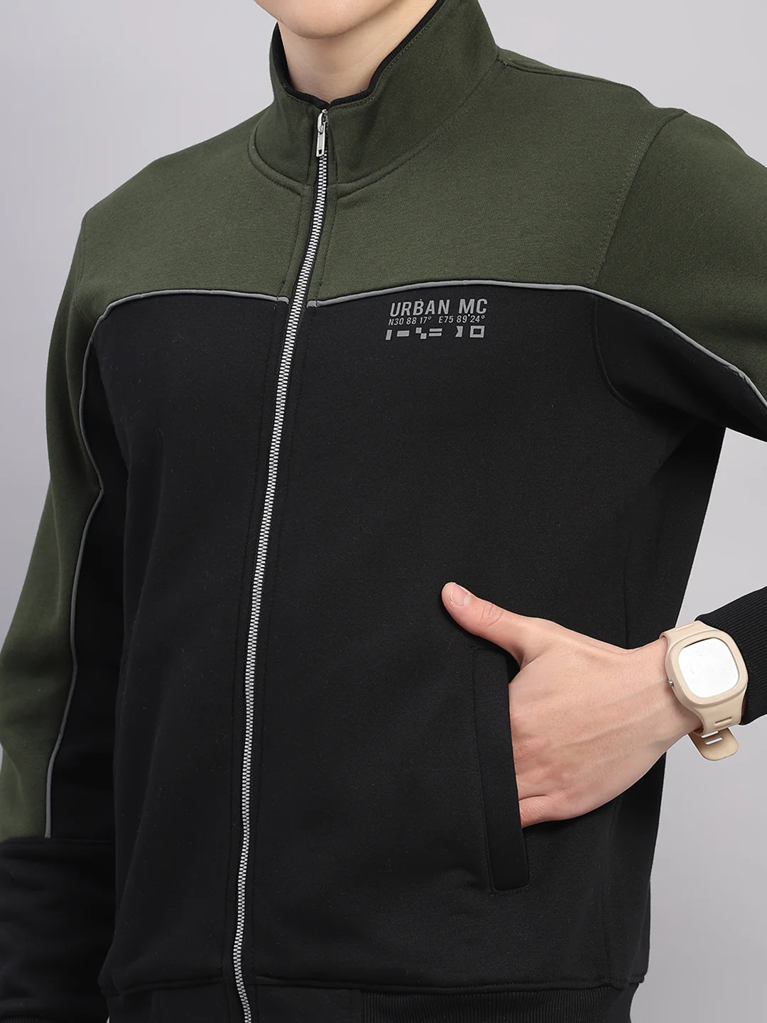 Men Black Self Design Stand Collar Full Sleeve Winter Tracksuit - Image 8