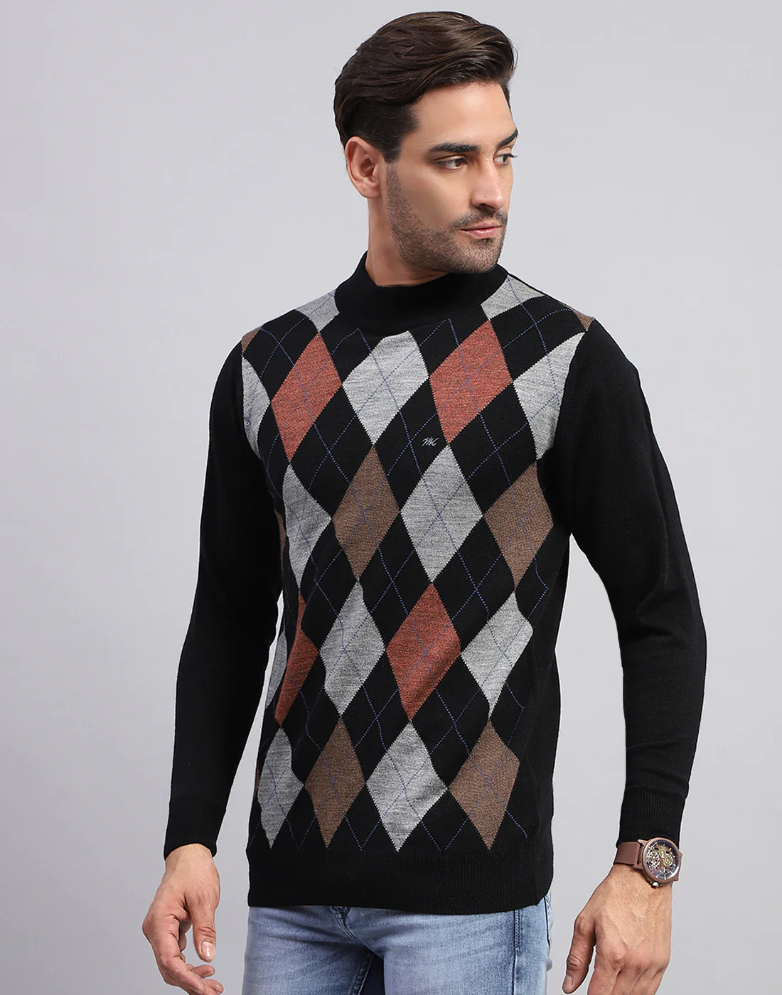 Men Black Self Design Turtle Neck Full Sleeve Pullover - Image 3
