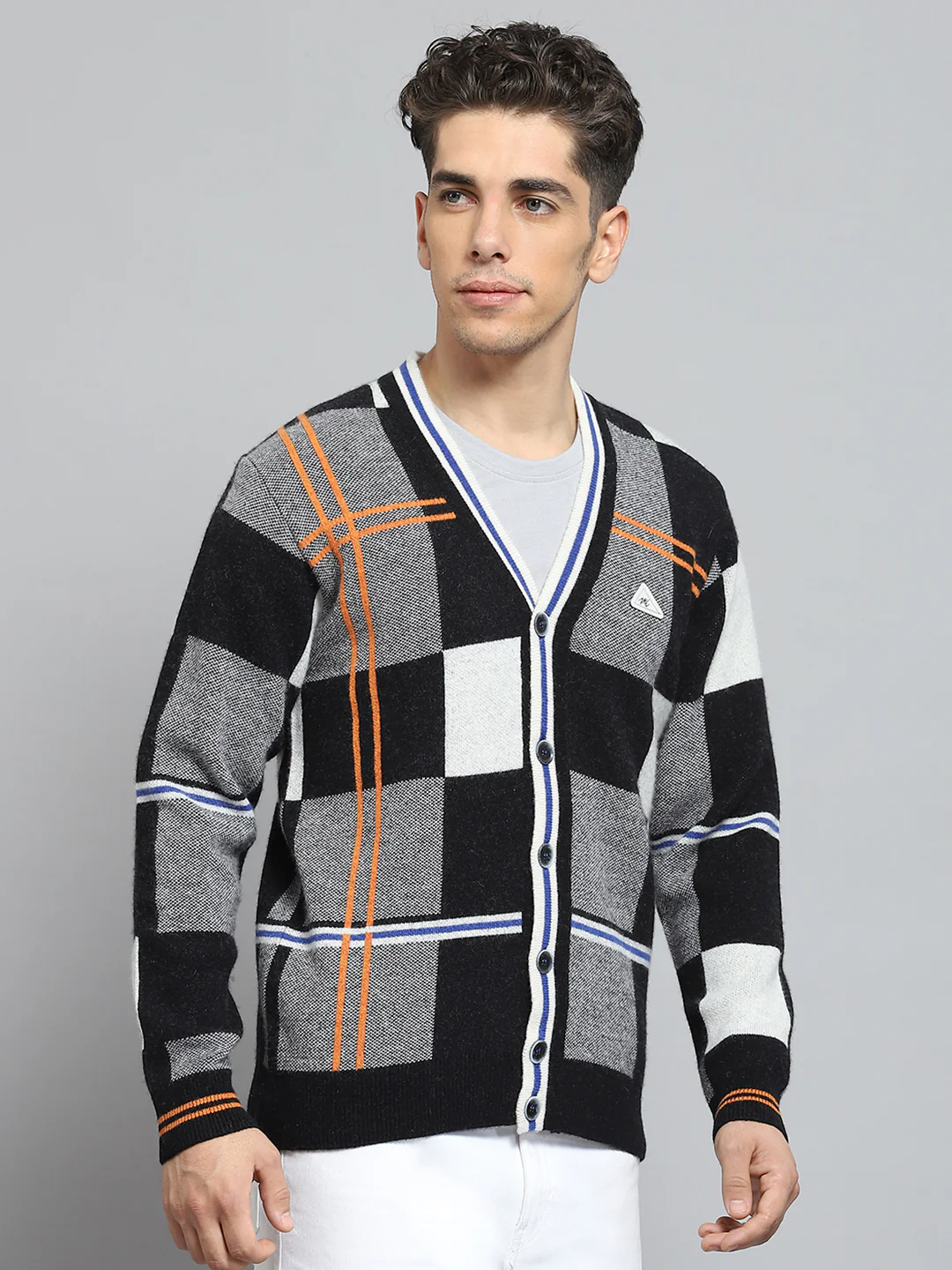 Men Black Self Design V Neck Full Sleeve Cardigan - Image 4