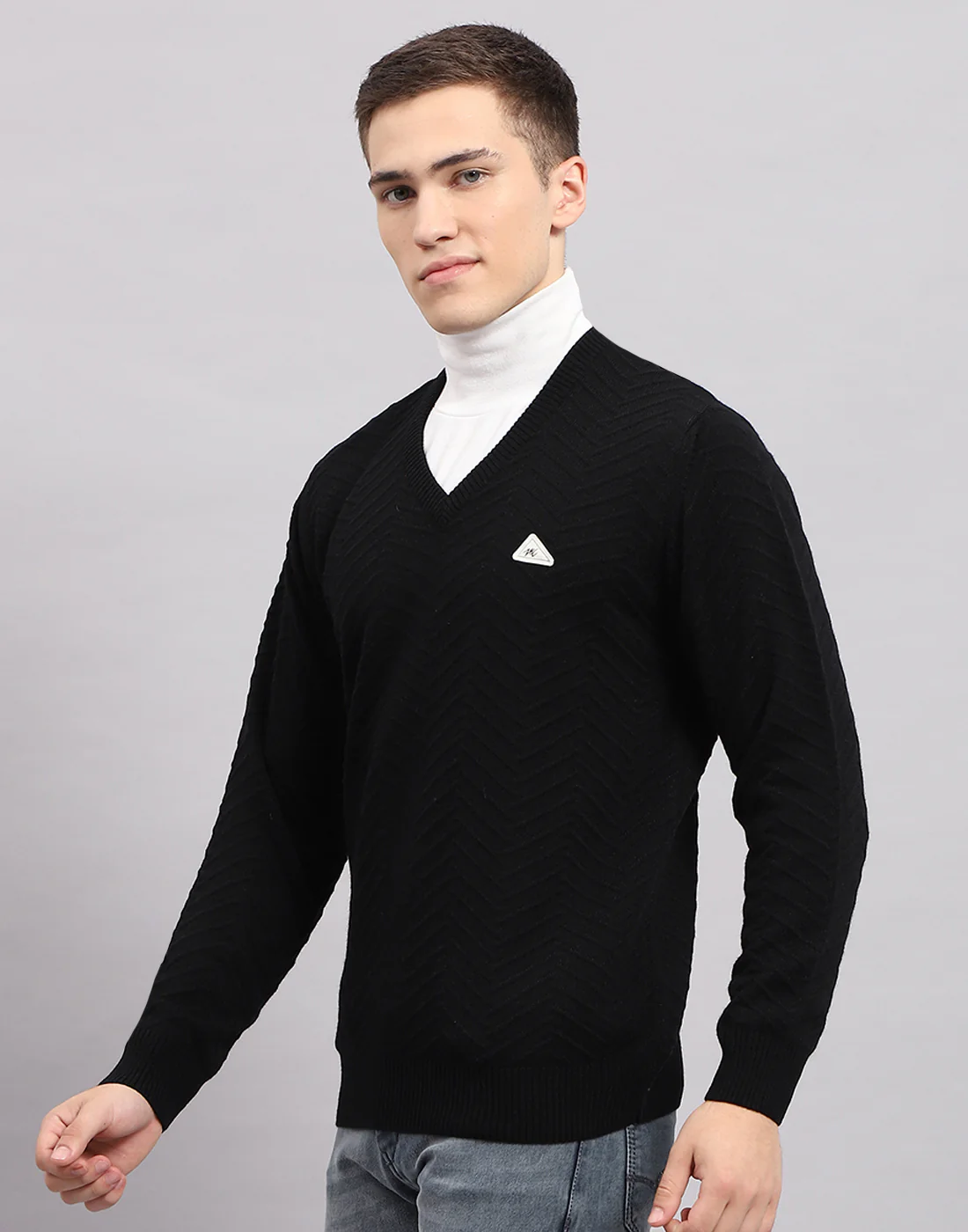 Men Black Self Design V Neck Full Sleeve Pullover - Image 3