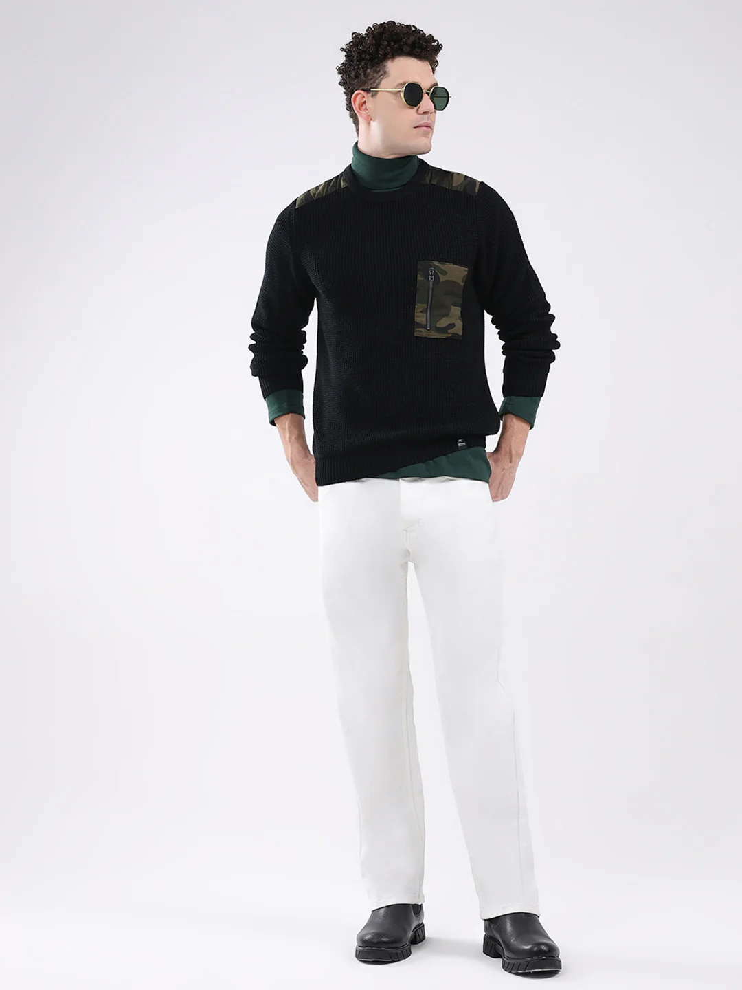 Men Black Self Design Round Neck Full Sleeve Pullover - Image 2