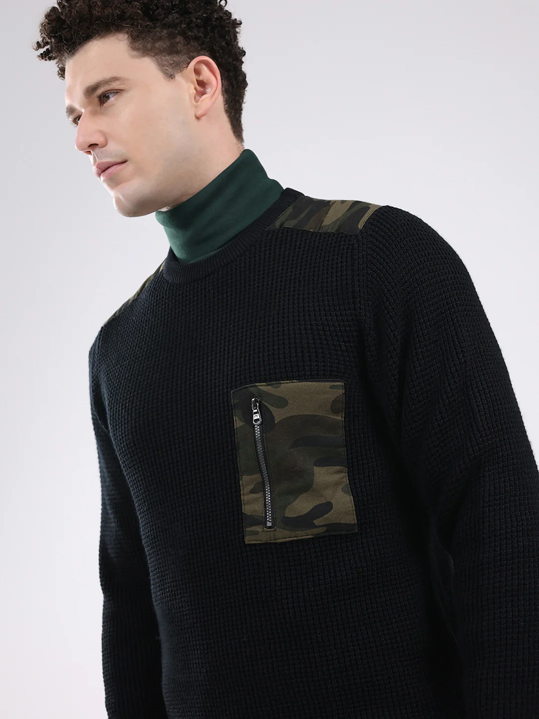 Men Black Self Design Round Neck Full Sleeve Pullover - Image 6