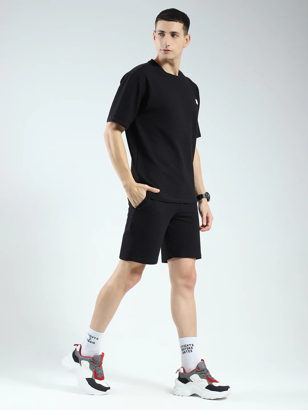 Rock.it Men Black Self Design Round Neck Half Sleeve Shorts Set - Image 4